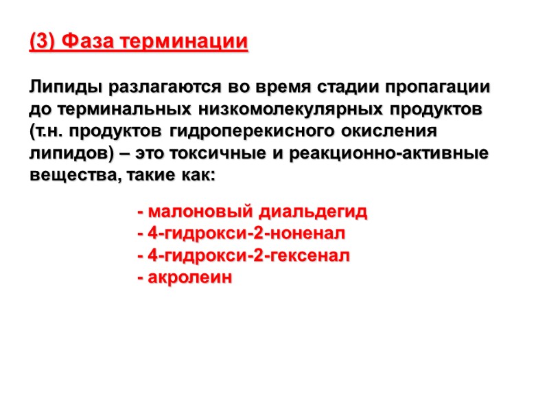 (3) Фаза терминации  Липиды разлагаются во время стадии пропагации до терминальных низкомолекулярных продуктов